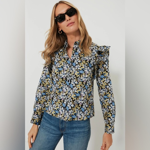 Tuckernuck HYACINTH HOUSE blue & yellow Floral primrose blouse top Ruffle Medium - Picture 1 of 16